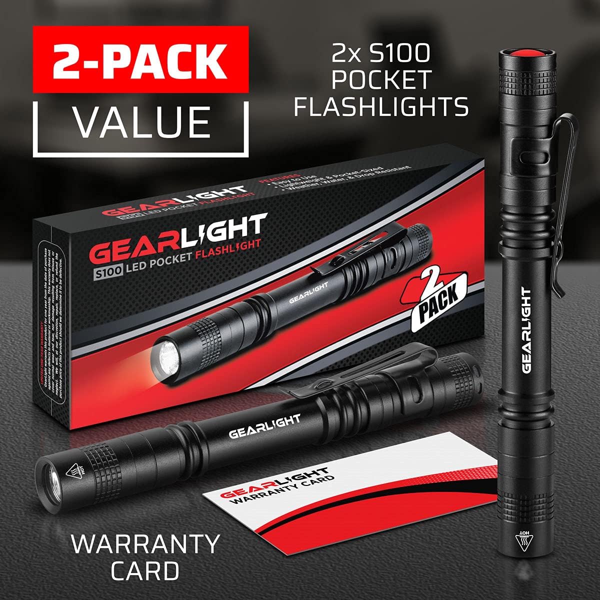 GearLight S100 LED Pocket Pen Light- 2 Small, Compact Flashlights with Clip for Tight Spaces, Police Inspection, Nurses & Medical Use Pack of 2