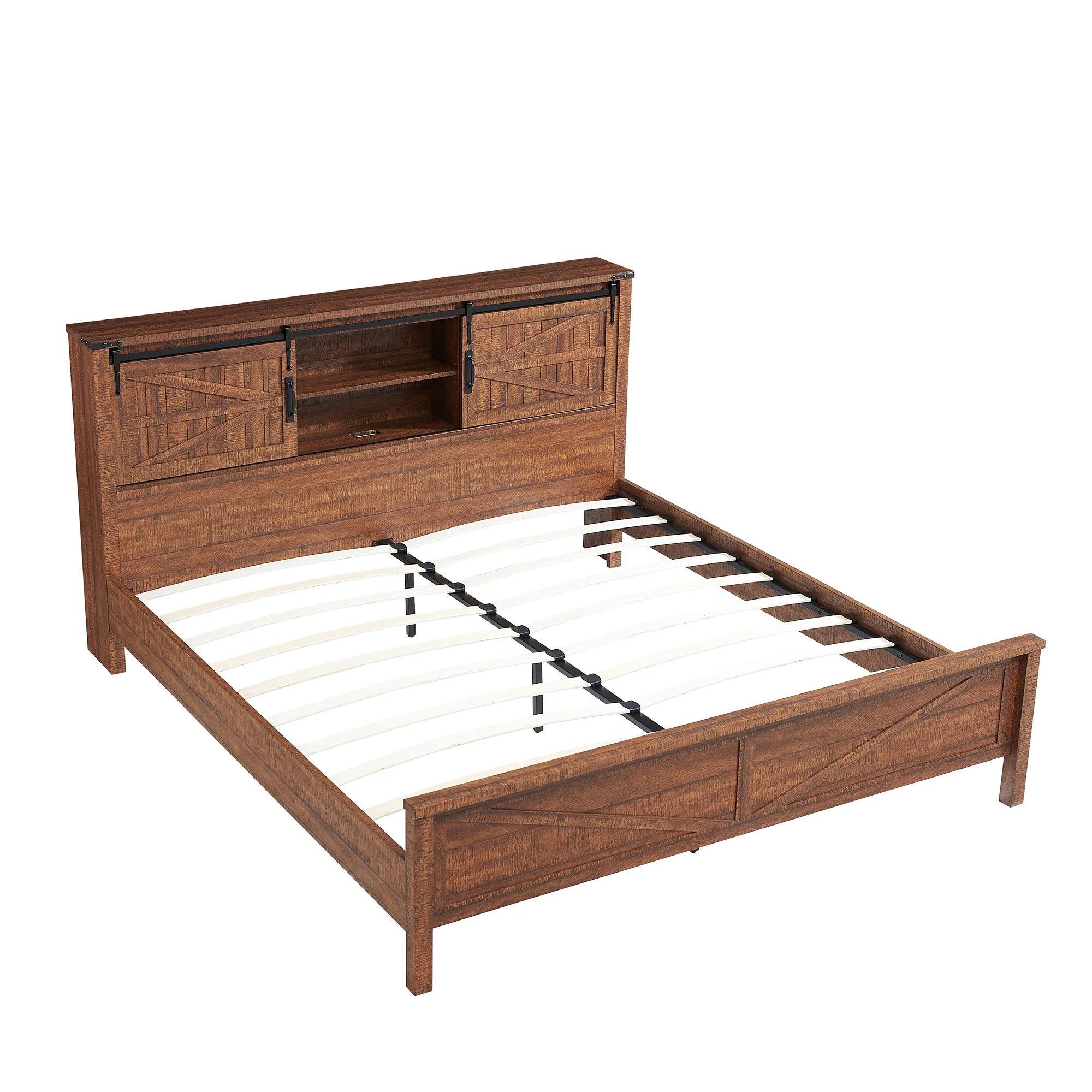 OKD Modern Farmhouse Full Platform Bed with Bookcase Headboard Storage and Charging Station, No Box Spring Needed, Anitique White Finish