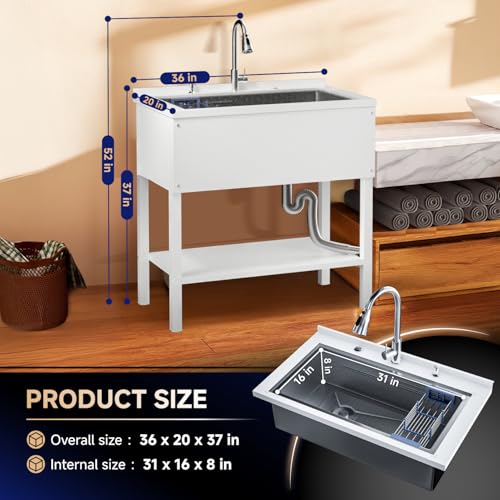 Stainless Steel Utility Sink,24" FreeStanding Laundry&Utility Room Sinks with Cold and Hot Water Faucet,Hoses and Drain Kit Commercial Single Bowl,Laundry Sink for Kitchens, Garage (24x18x36 Black)