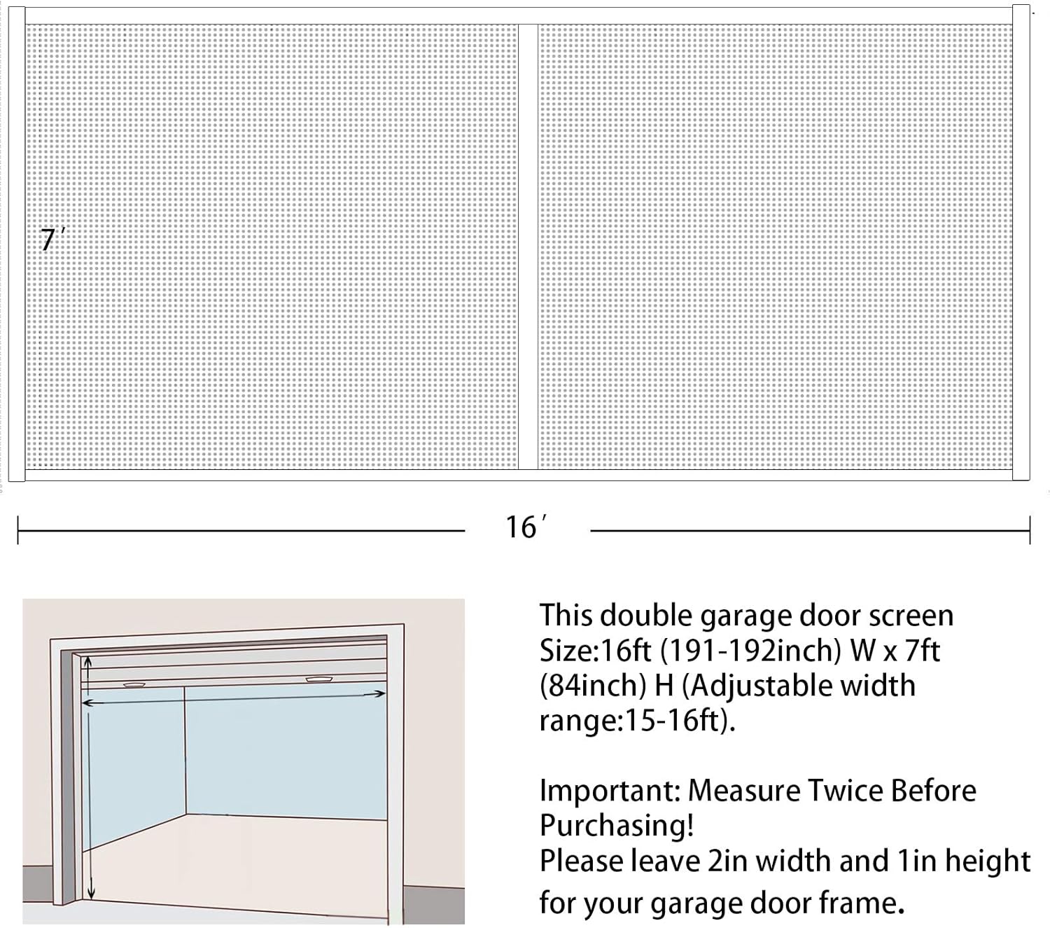 Garage Screen Doors for 2 Car Garage - 16x7Ft White Color Magnetic Closure Heavy Duty Weighted Bottom Screen Net Self Sealing Fiberglass Mesh - Easy Assembly & Pass-Through for Your Family Pack of 2