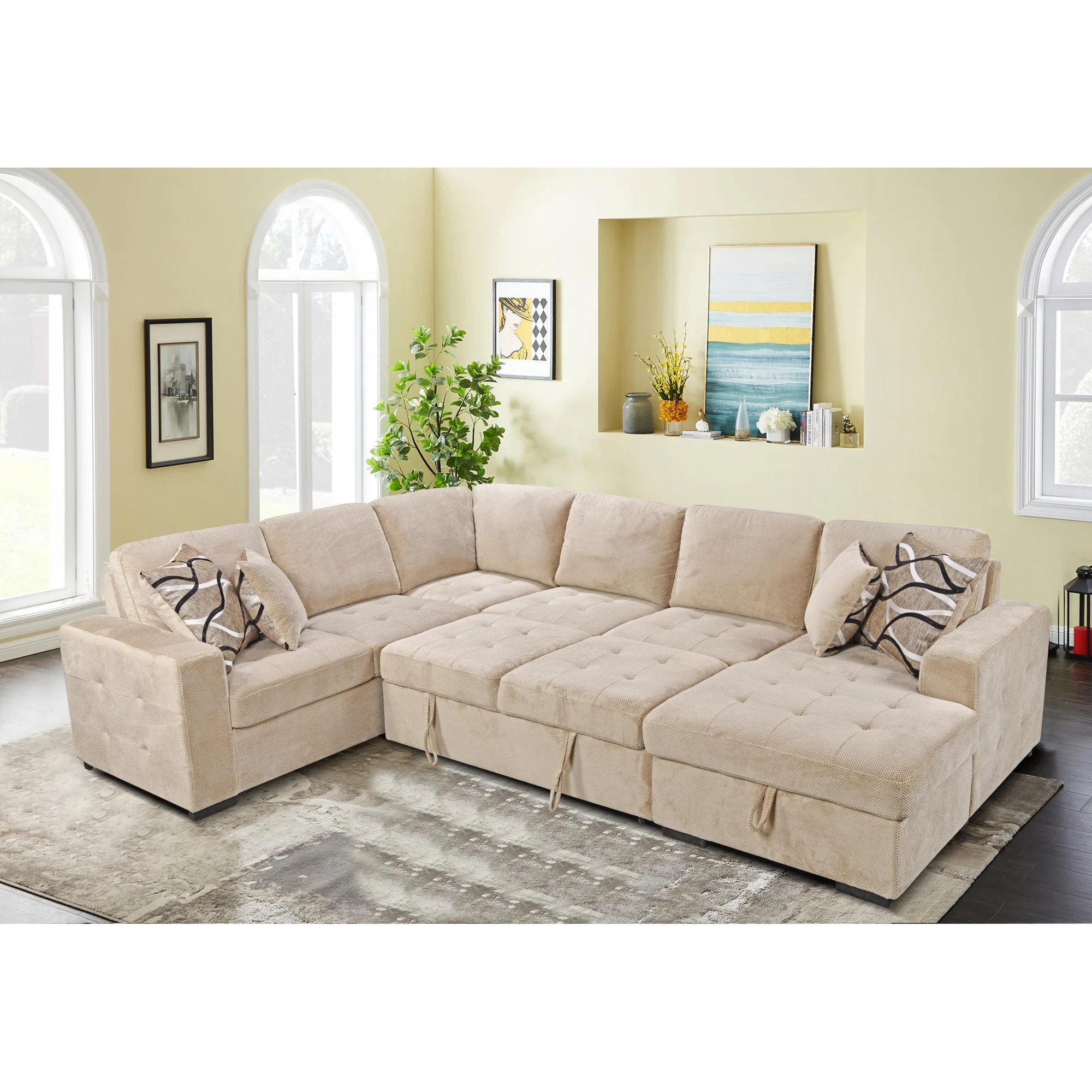 123" Oversized Sectional Sofa with Storage Chaise, U Shaped Sectional Couch with 4 Throw Pillows for Large Space Dorm Apartment. Beige