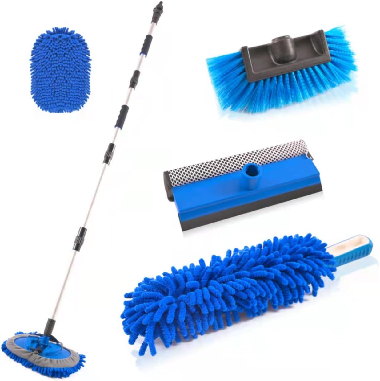Car Wash Brush with Long Handle(5FT-11FT),12" Blue Brush Head,Water Flow Extension Pole with an ON/OFF Switch,Car Washing Brush with Hose Attachment for Car,Truck,SUV,RV and Other Surface Cleaning Pack of 2