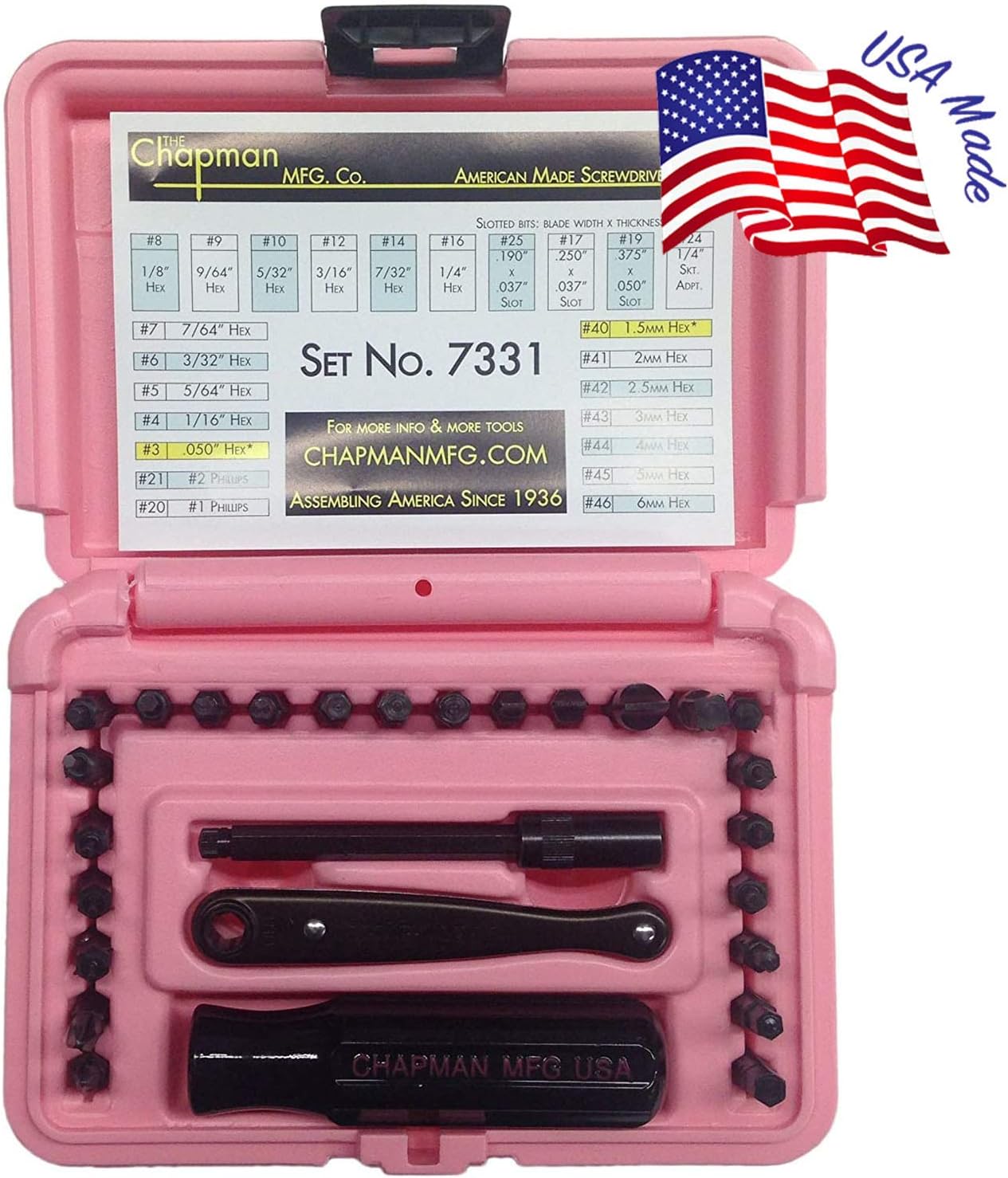 Chapman MFG 7331 All-Purpose Standard Screwdriver Set - Includes Phillips, SAE Allen Hex & Slotted/Flathead Bits, Complete Set Offers 24 USA Made Insert Bits + Mini Ratchet Hand Tool (Desert Tan Case)