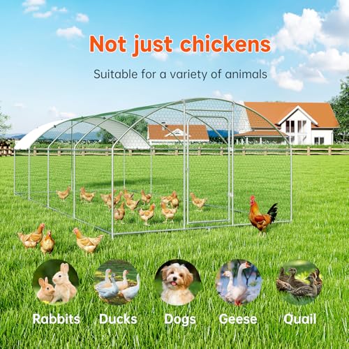 Large Metal Chicken Coop, Chicken Run Poultry Cage Hen with Water-Resident and Anti-UV Cover for Duck Rabbit House Outdoor Walk-in Chicken Pen for Yard, Dome Roof(10’ W x 19.7’ L x 6.4’ H)