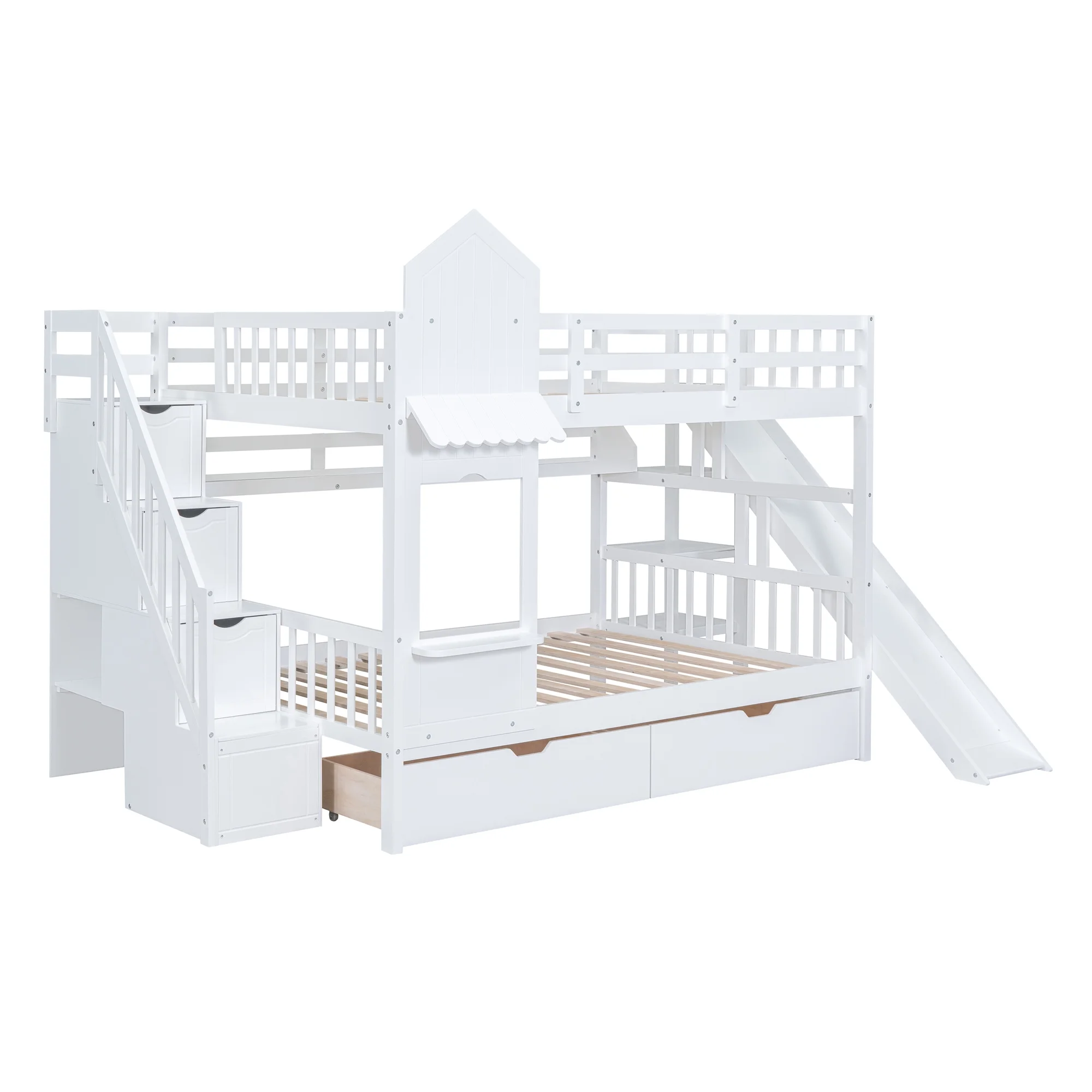 Bellemave Kids Castle Bunk Bed with Storage Drawers, Shelf, Slide and Safety Guardrail, Full Over Full Bunk Bed with Stairs, Castle Bunk Bed/Playhouse Bed for Girls, Boys, Kids (White)