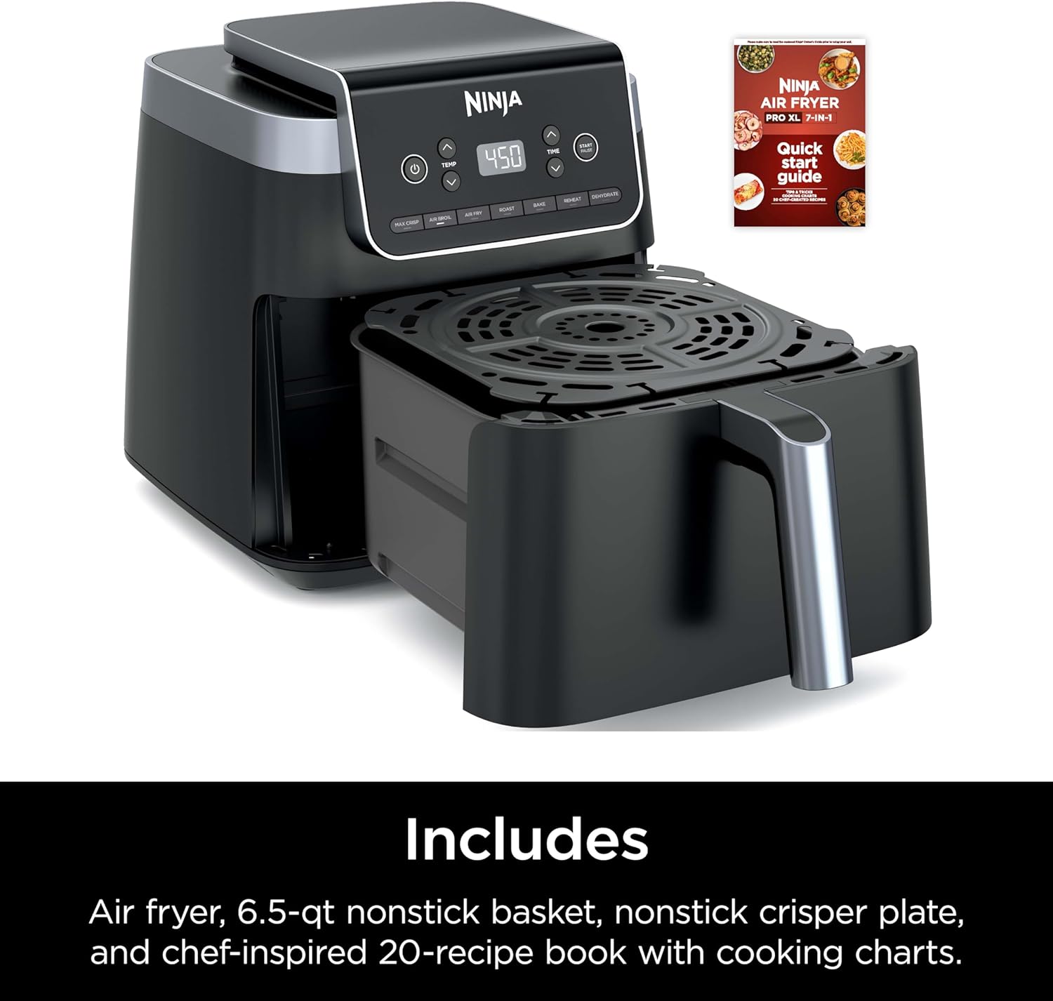 Ninja Air Fryer Pro XL 7-in-1, Max Crisp Tech, 450F for Hotter, Crispy Results, 6.5 QT Capacity fits 9 lbs wings, Max Crisp, Broil, Air Fry, Roast, Bake, Reheat, Dehydrate, Space Saving, Grey, AF182