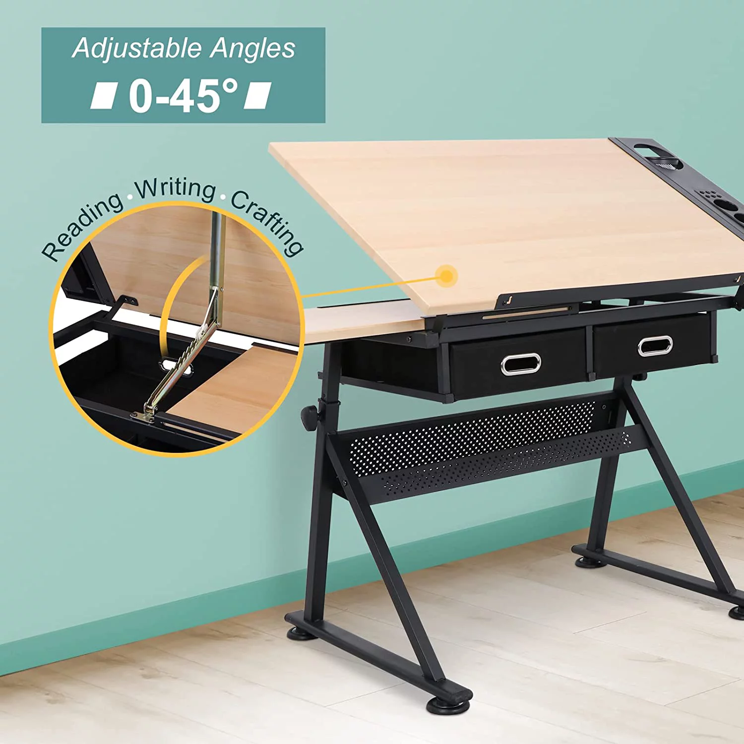 Drafting Table Art Desk Drawing Table Height Adjustable Artist Table Tilted Tabletop w/Drafting Stool and Storage Drawer for Reading, Writing, Crafting, Painting Art
