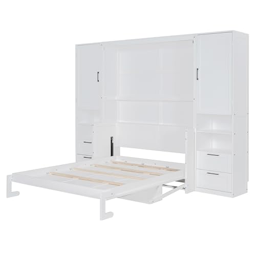 Merax Queen Size Murphy Bed with Desk, Space-Saving Wall Bed Frame with Closet, Drawers and Shelves, Foldable Platform Bed for Small Spaces Studio Study Office Guest Room, Gray