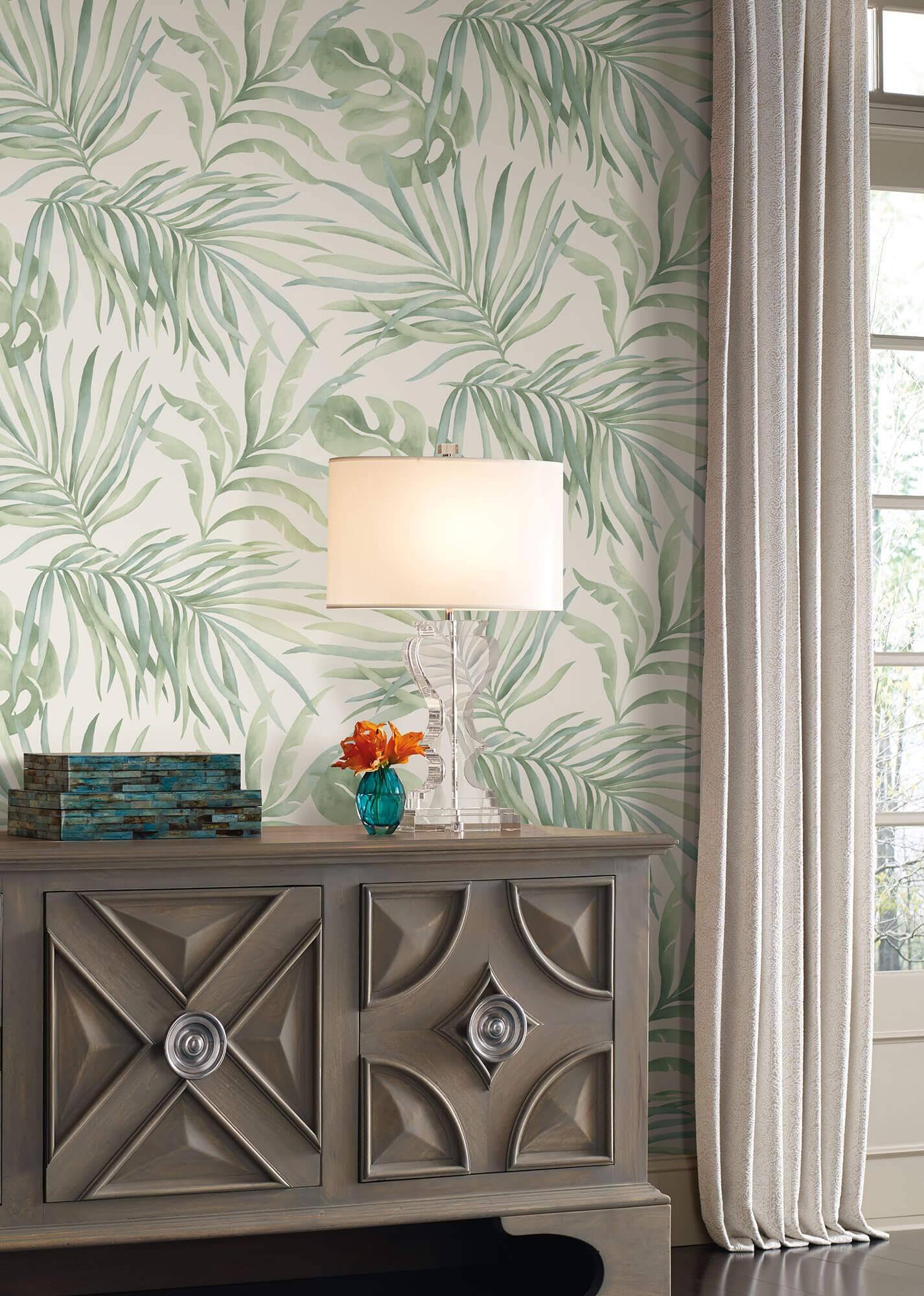 York SO2452 Candice Olson Tranquil Paradise Palm Wallpaper, Light Green
