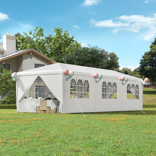YOLENY 10x30 Ft Outdoor Party Canopy, Waterproof Heavy Duty Wedding Tent with 6 Sidewalls & 2 Zippered Doors, Event Tent for Birthday, Patio, BBQ, and Holiday Gatherings, White