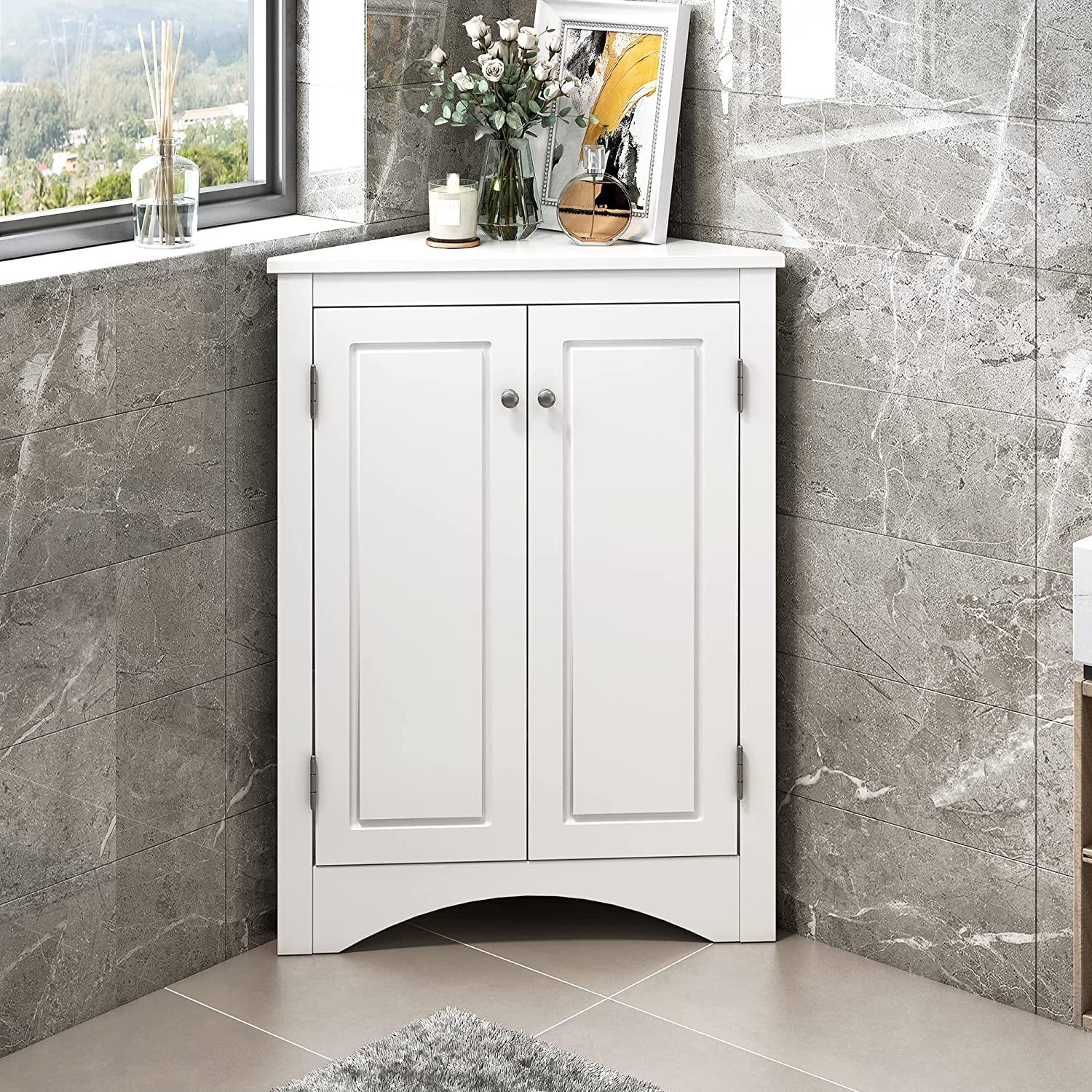 WAGEE Bathroom Corner Storage Cabinet - 2 Adjustable Shelves and 2 Doors Triangle Cabinets Furniture - Floor Cabinets Decorations for Home Kitchen Bathroom Living Room Small Space White Grey