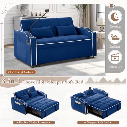 Convertible Sleeper Sofa Bed, 3 in 1 Velvet Pull Out Loveseat Couch Modern Comfy Futon Sofa with Adjustable Backrest & Phone Holder & USB Charging Space Saving for Living Room, Small Apartment, Grey