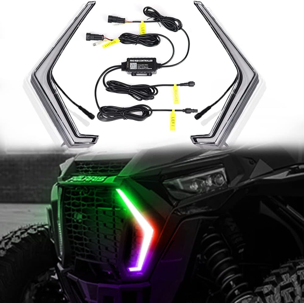 RZR LED Turn Signal Lights Chasing Color Fang Accent Light Kit Plug and Play Front LED Street Legal Lights Assembly Controlled by Bluetooth+Remote Compatible with 2019-2020 POLARIS RZR XP 4 1000(2PCS)