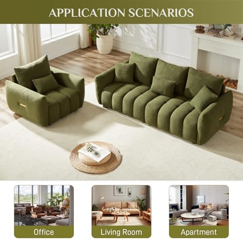 2 Piece Teddy Cloud Sofa Couch Set, Modern Deep Seat 3 Seater Boucle Sofa & Single Sofa Chair, Cozy Upholstered Sherpa Living Room Furniture Set for Apartment Office, Black