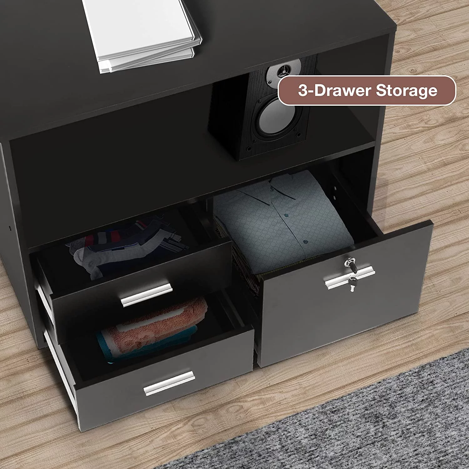 Karmas Product Wood File Cabinet with Lock 3 Drawer Large Mobile Lateral Filing Cabinet with Rolling Wheel Printer Stand with Open Storage Shelves for Home Office, Black