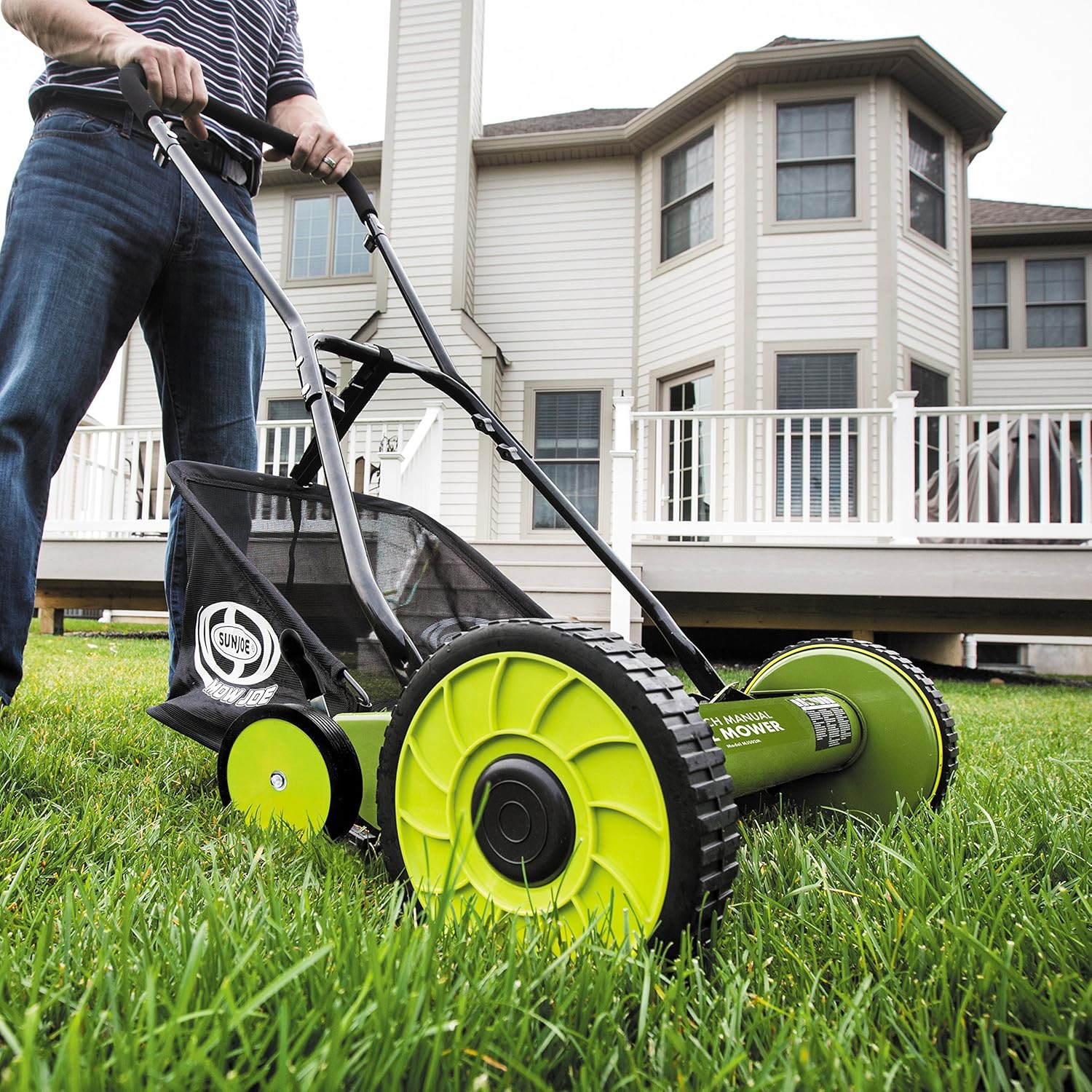 Sun Joe FBA MJ502M 20-Inch Manual Reel Mower w/ 8.5-Gallon Grass Catcher, 9-Position Height Adjustment, Foam Grip, Compact Design, Green