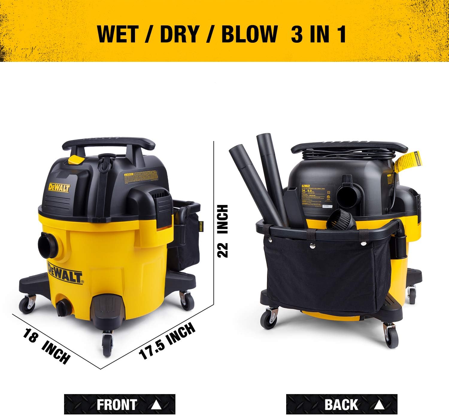 DEWALT 9 Gallon Wet/Dry VAC Heavy-Duty Shop Vacuum with Attachments, 5 Peak HP, with Blower Function, DXV09PA, Yellow