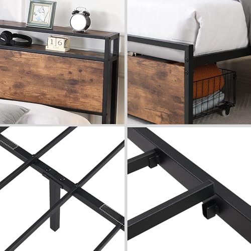 Queen Bed Frame with Headboard & Charging Station, Upholstered Platform Bed Frame with 2 Storage Drawers, Sturdy Wooden Slats Support/No Box Spring Needed/Noise Free/Easy Assembly/White