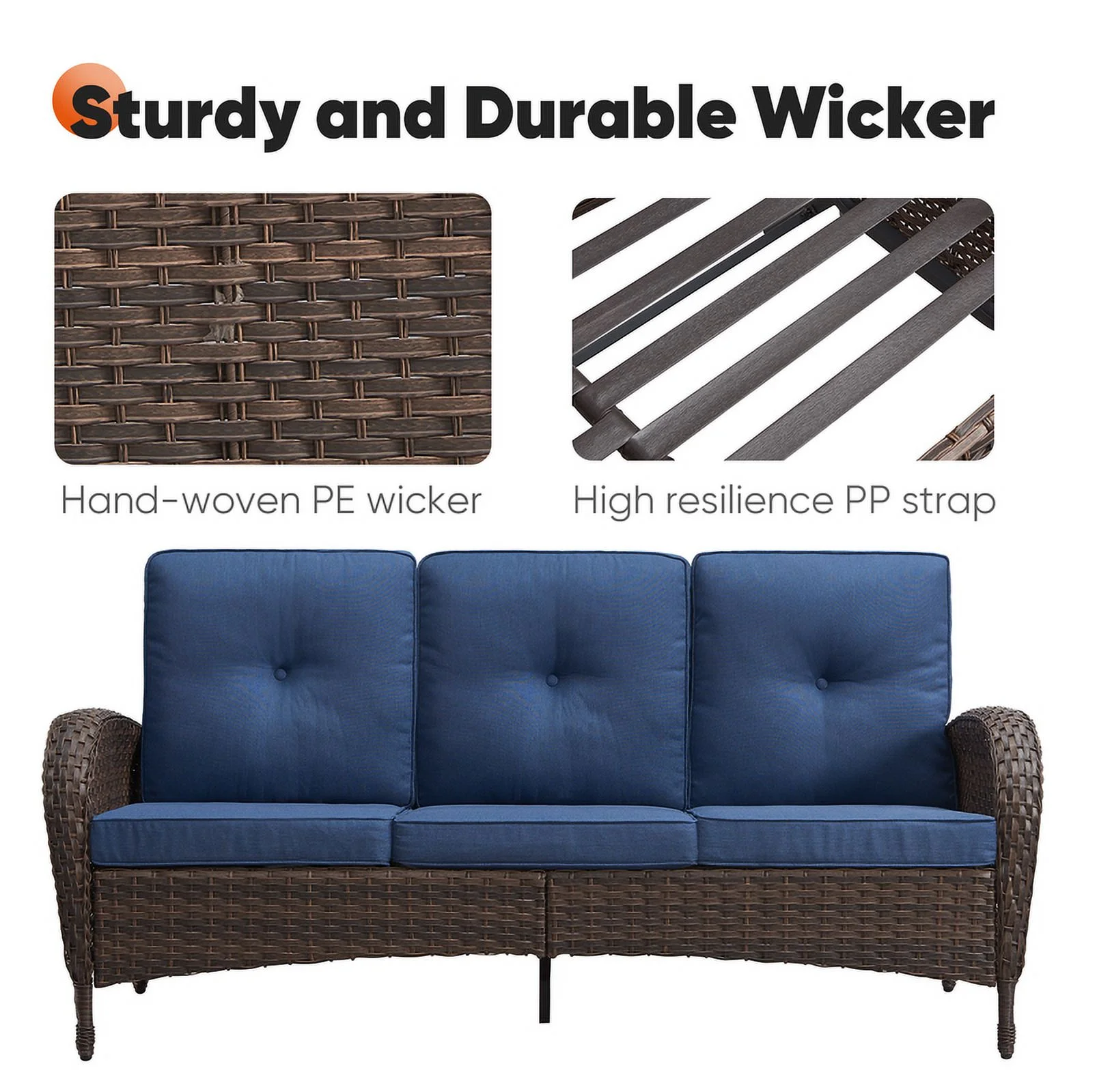 PARKWELL Outdoor 3 Seats Patio Sofa Furniture, All-Weather Wicker Rattan Couch with Removable Cushions,Blue - Curated Treasures Market