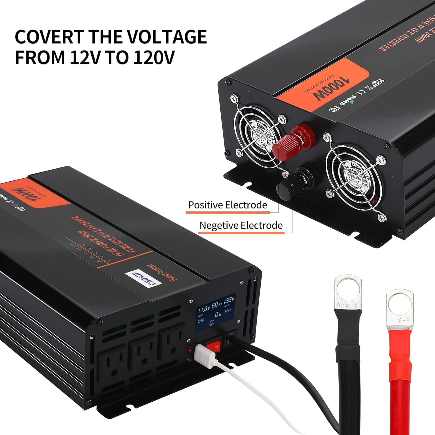 Power Inverter, 2000W Pure Sine Wave Inverter DC 12V to AC 120V Car Inverter with LCD Digital Display Remote Control USB Port Power Converter for Travel/Camping