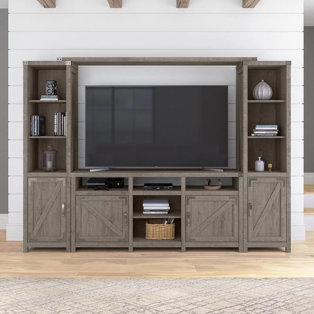 Bush Furniture 65W Farmhouse Entertainment Center with Shelves Restored Gray