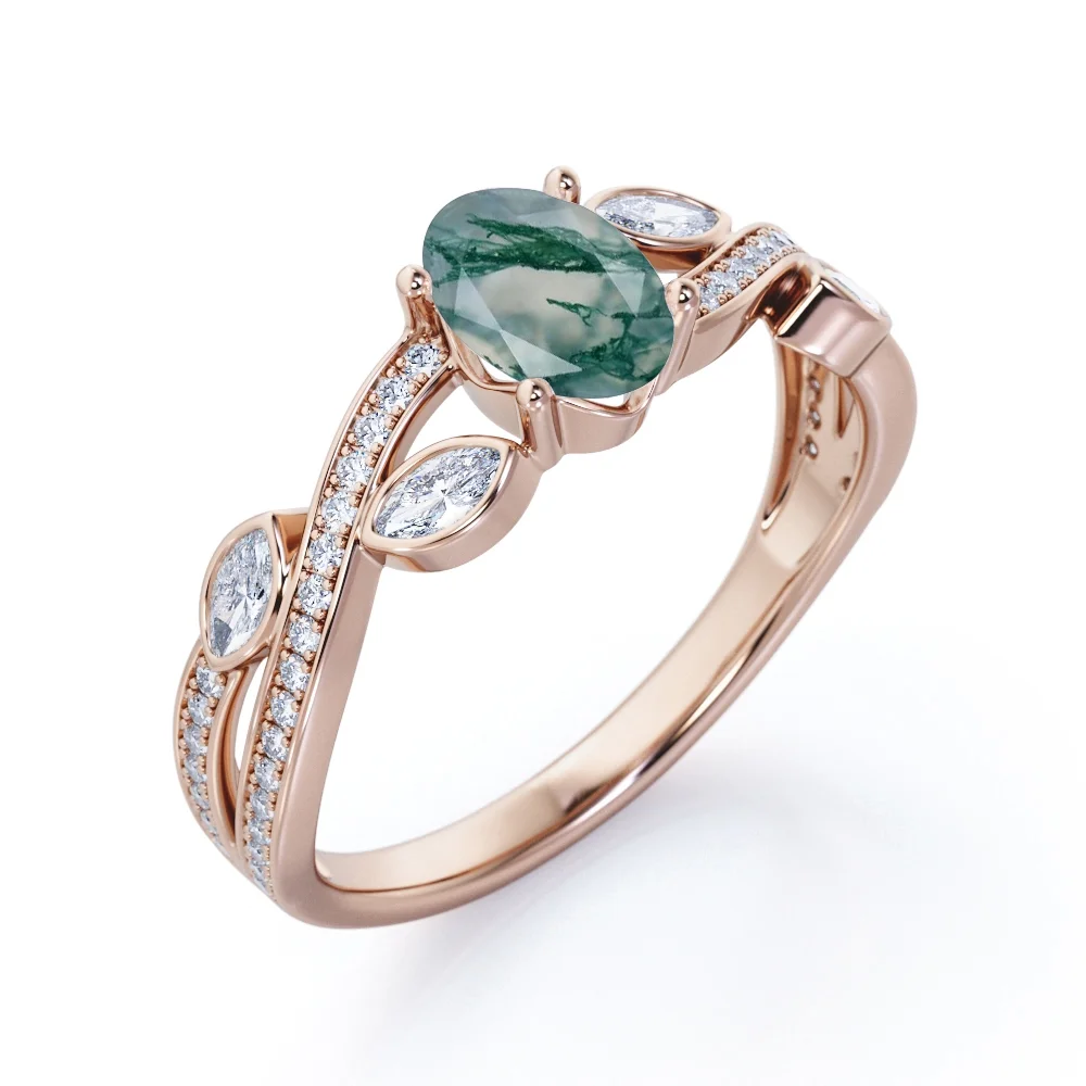 JeenMata 1.5 Carat Crossover Oval Shaped Opaque Milky Moss Green Agate And Moissanite Pave-Channel Bezel Filigree Engagement Ring In 18K Rose Gold Plating Over Silver