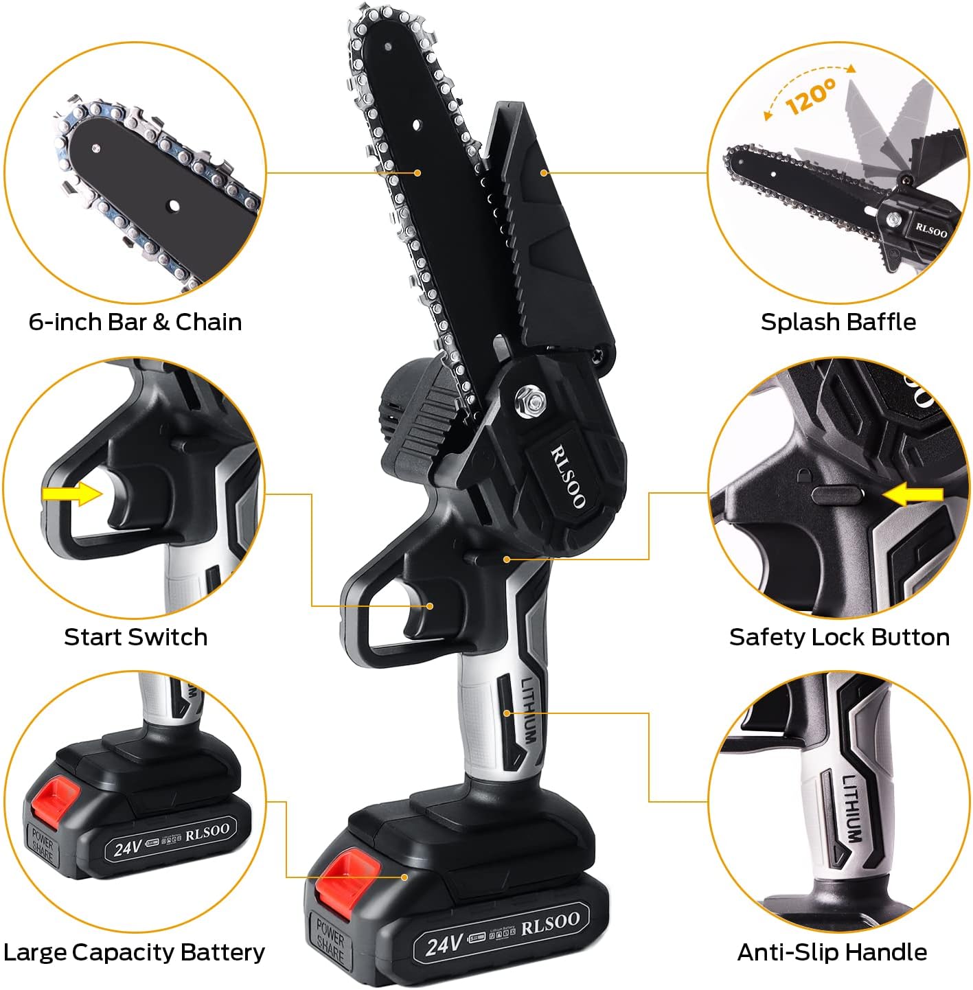 Mini Chainsaw, RLSOO Upgraded 6 Inch 24V Battery Powered Mini Chainsaw Cordless, Portable Electric Chainsaw with 2 Batteries and 2 Chains, Handheld Rechargeable Chainsaw for Wood Cutting Tree Pruning Pack of 2