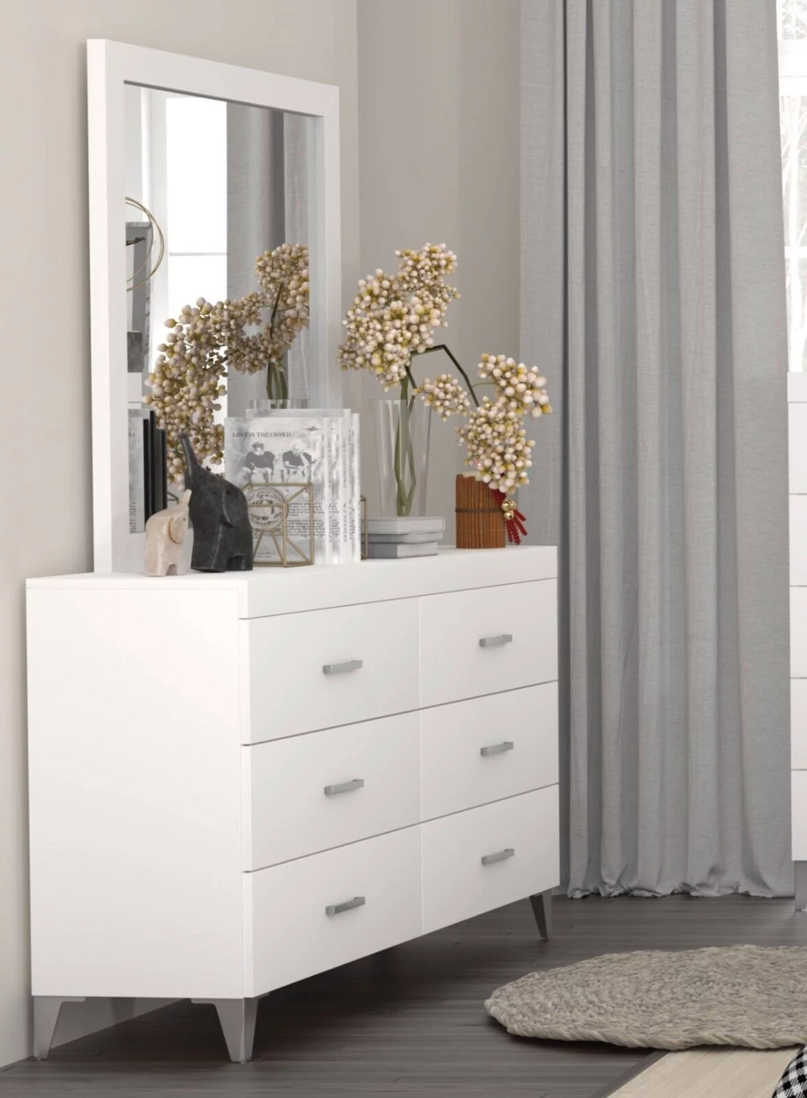 Stylish White Finish 5pc Bedroom Set Queen Size Bed Button-Tufted LED Headboard Nightstand Dresser Chest Mirror