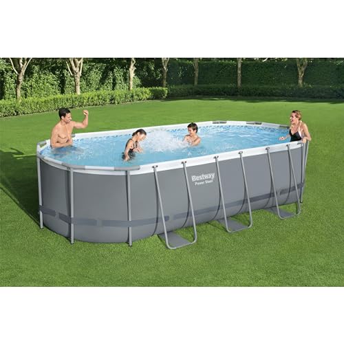Bestway Power Steel 16' x 10' x 42" Rectangular Metal Frame Above Ground Swimming Pool Set with 1000 GPH Filter Pump, Ladder, and Pool Cover