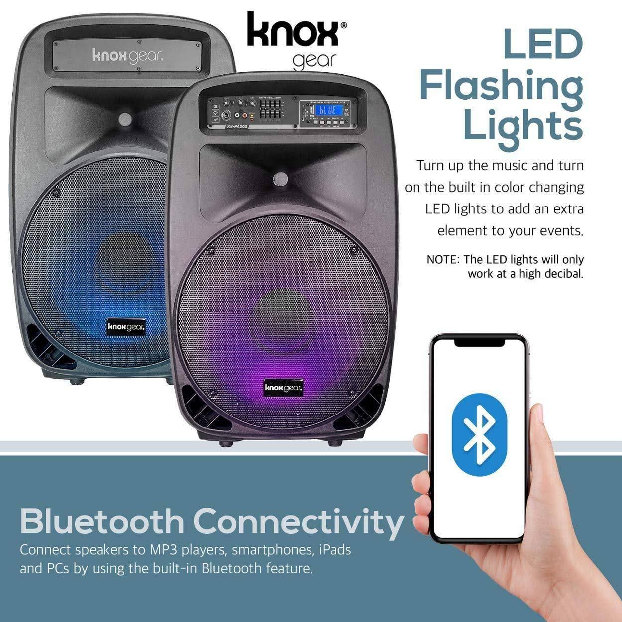 Knox Dual 15x22 Speakers, 600 Watt - 8 Piece Portable PA System - Microphone, Tripods, Remote Control