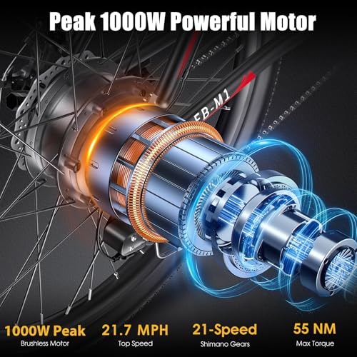 Electric Bike for Adults, Peak 1000W Ebike, 50Miles 21.7MPH Adult Electric Bicycles, 26" Electric Mountain Bike 48V 374.4WH Battery, Commuter E Bike with Adjustable Stem, Fenders, 21 Speed