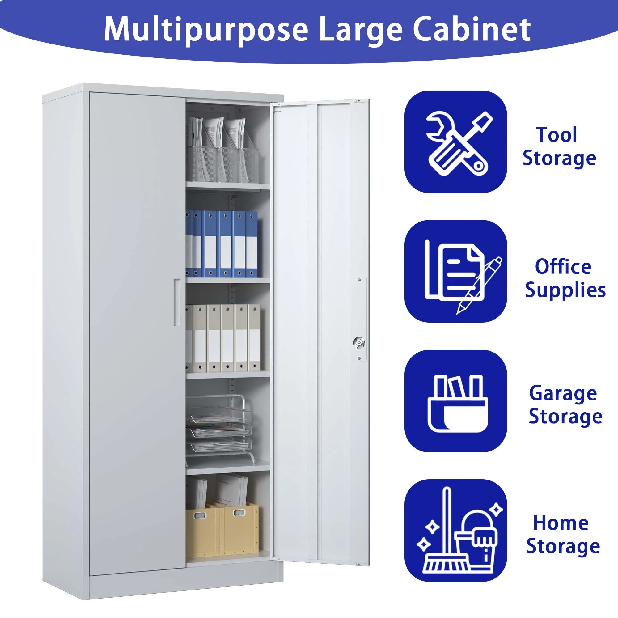 71"H Metal Garage Storage Cabinet, Black Tool Steel Locking Cabinet with Doors and 4 Shelves, Tall Cabinets for Garage Storage Systems Lockable File Cabinet for Home Office, Classroom/Pantry