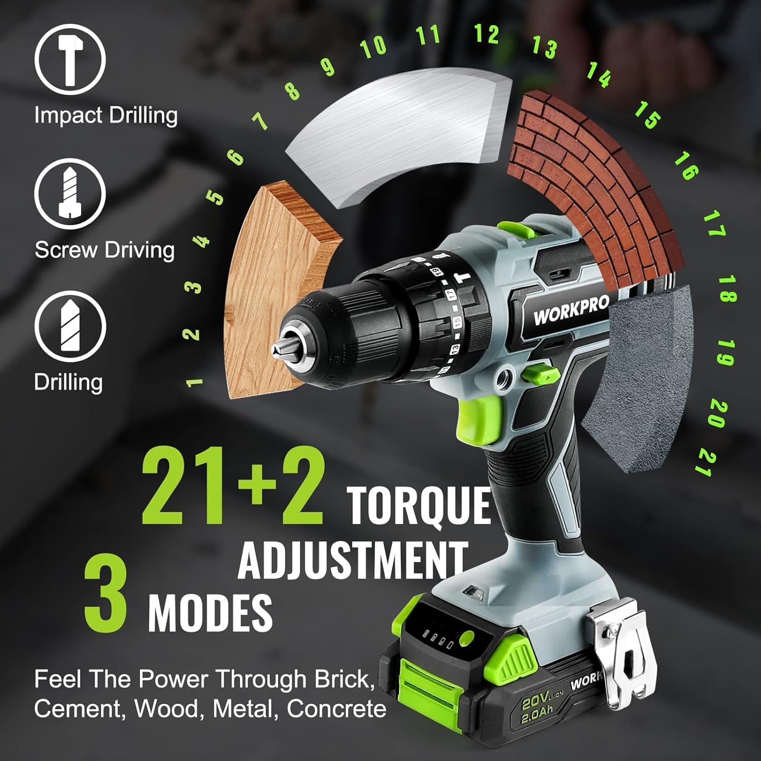 WORKPRO 20V Max Cordless Drill Driver Set, Electric Power Impact Drill Tool with 102 Pieces Accessories, 1/2'' Chuck Impact Drill Kit with Portable Case, 2 x 2.0Ah Li-ion Batteries with Fast Charger