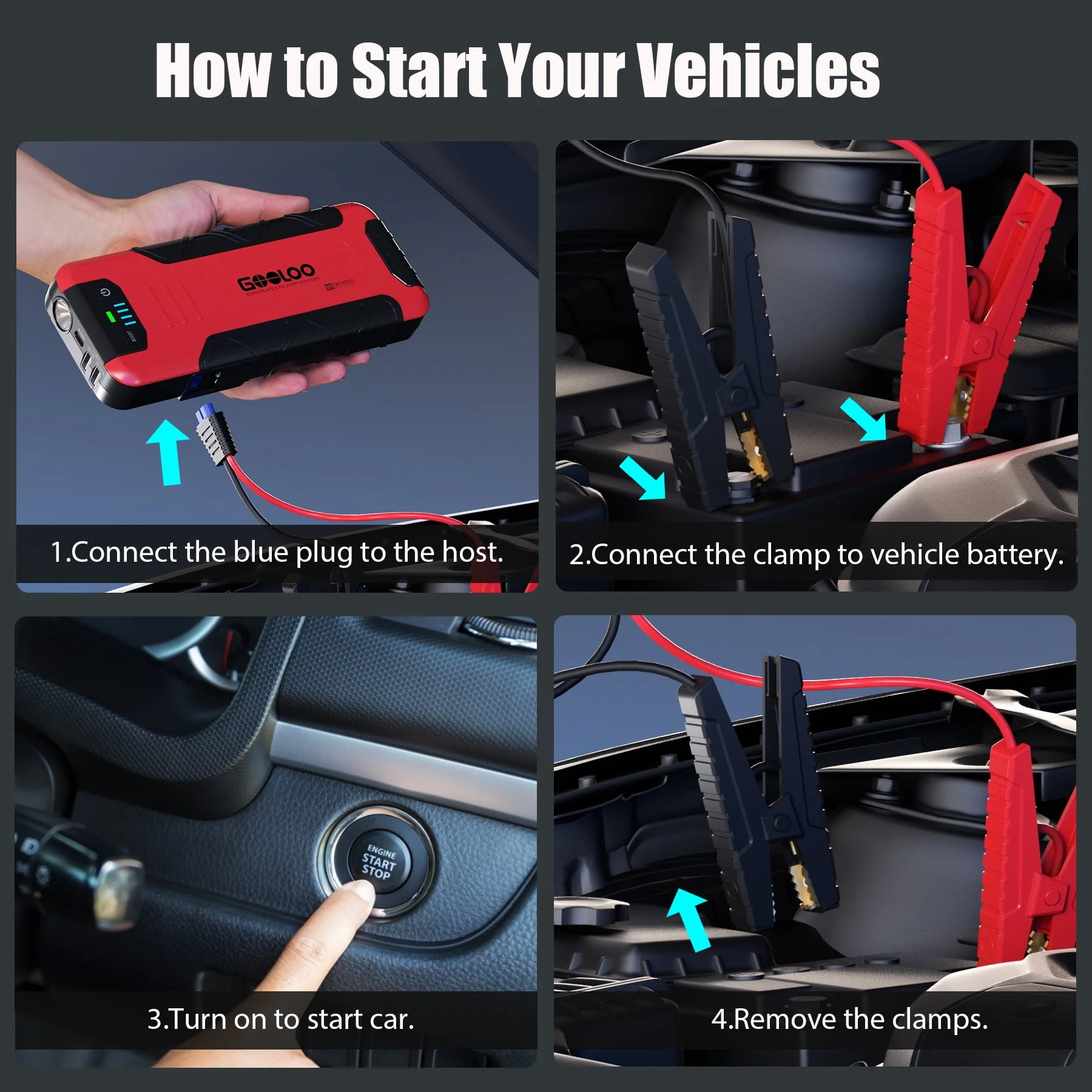 GOOLOO Car Battery Jump Starter,4500A Peak Jump Starter with USB Quick Charge (for 10L Gas or Up to 8L Diesel),GE4500 12V Jumper Pack with LED Light Powerful