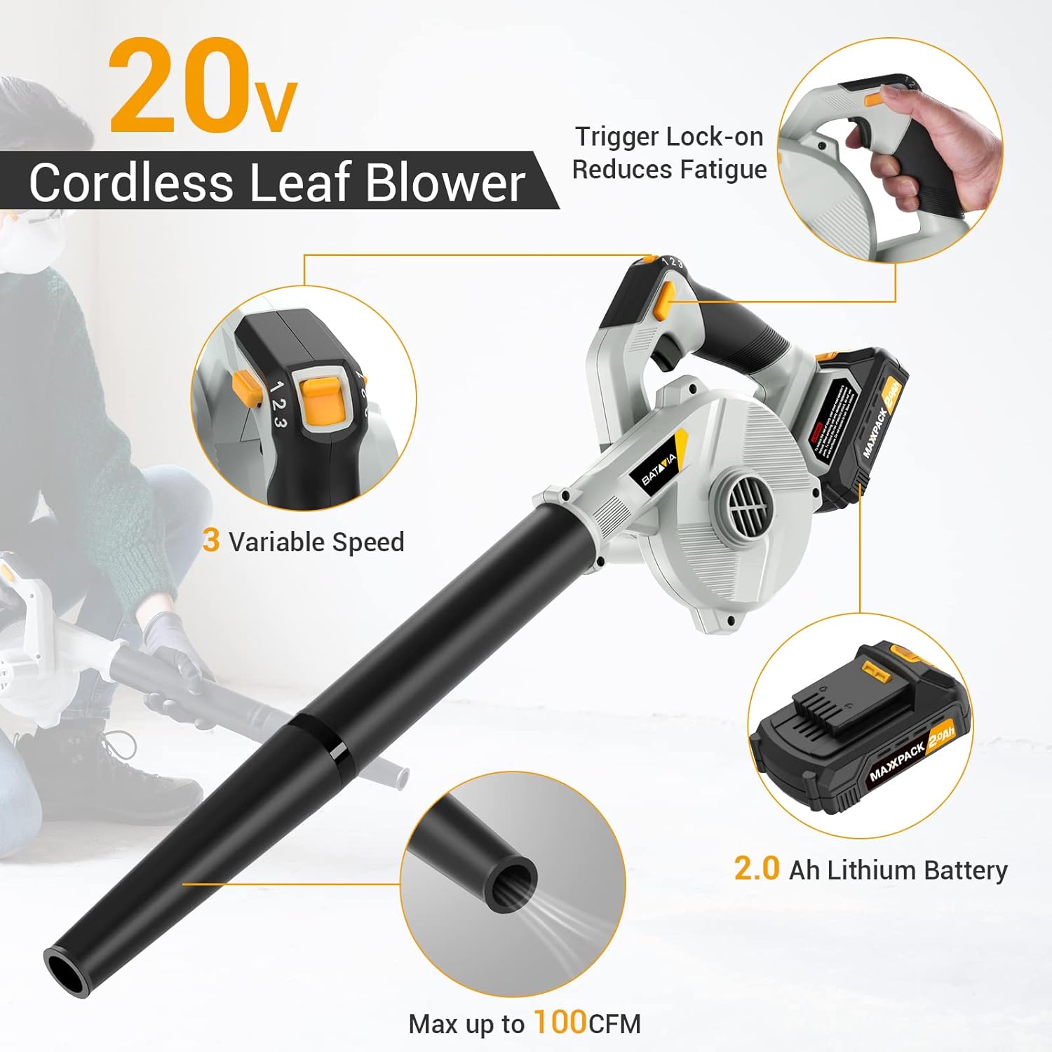BATAVIA 20V Cordless Leaf Blower, [3 Speed/100CF/170MPH] Electric Leaf Blower & Vacuums w/ Charger & 2.0Ah Lithium Battery, 2 Section Tube, Leaf Sweeper for Leaves, Dust, Snow, Lawn, Patio, Yards