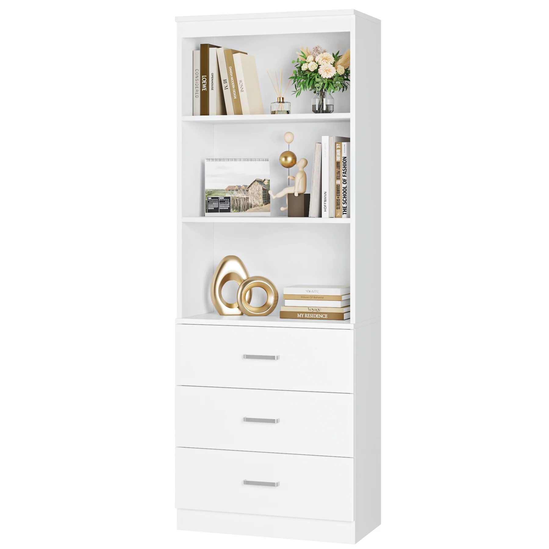 Homfa 71" Tall Bookcases with 3 Large Drawers, 3 Tier Wooden Storage Bookshelf for Living Room Home Office, White - Curated Treasures Market