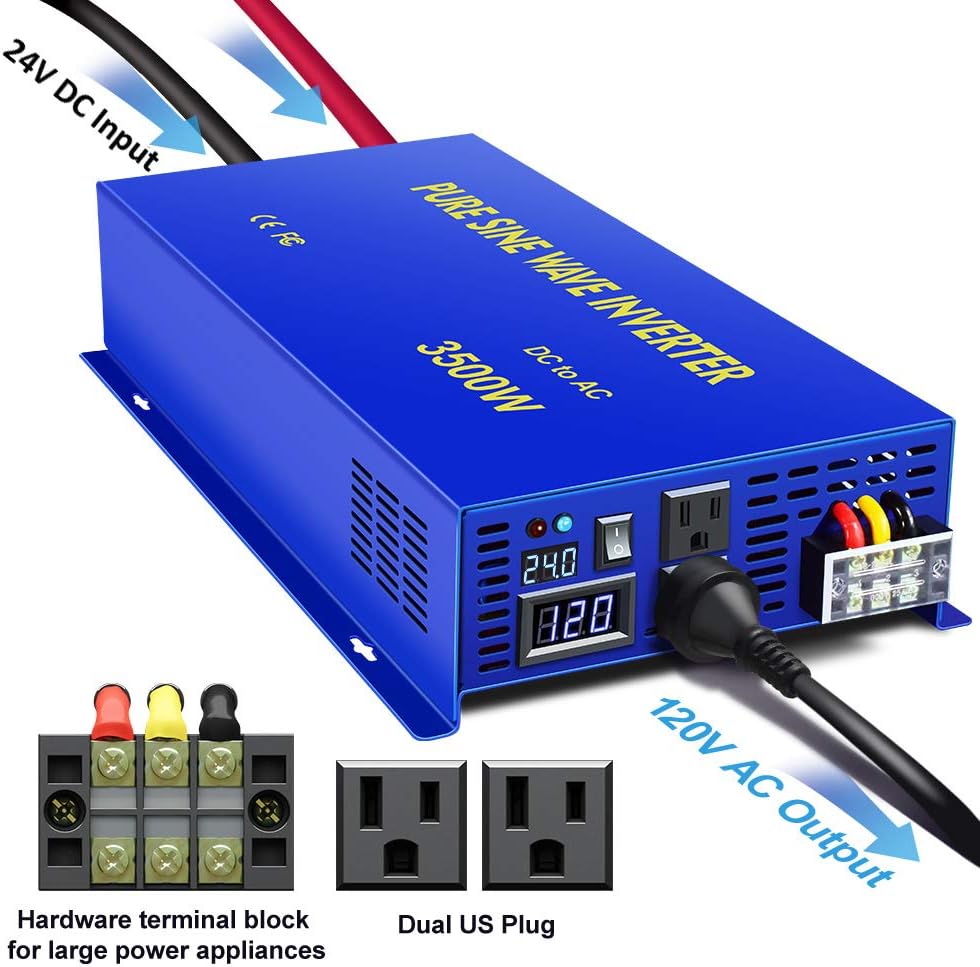 XYZ INVT Pure Sine Wave Power Inverter 3500W / 7000W (Peak) Car Caravan RV Camping Boat DC 24V Inverter Soft Start 24V DC to AC 110V 120V DC Inverter Converter with LCD Display