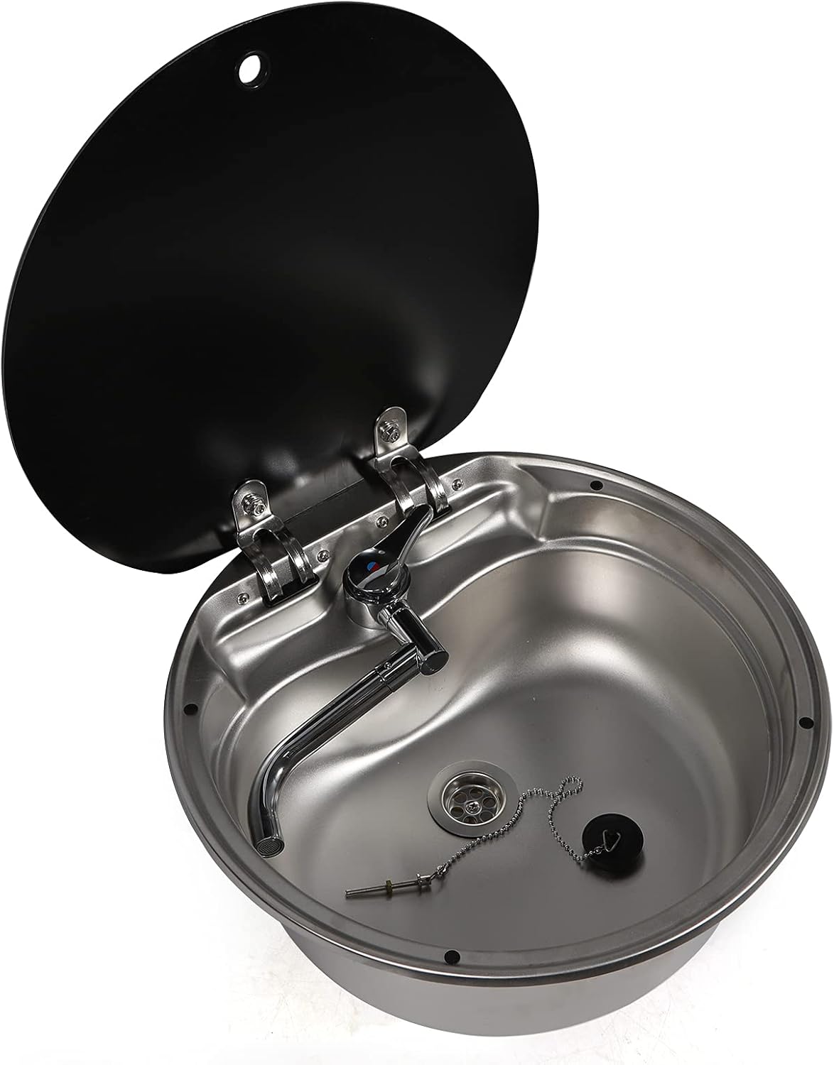 TBVECHI RV Caravan Basin Sink, Stainless Steel Single Bowl Camper Kitchen Basin Sink Hand Wash Basin with Cold Hot Faucet Space Saving Design Convenient Glass Lid Rubber Seals Easy to Install