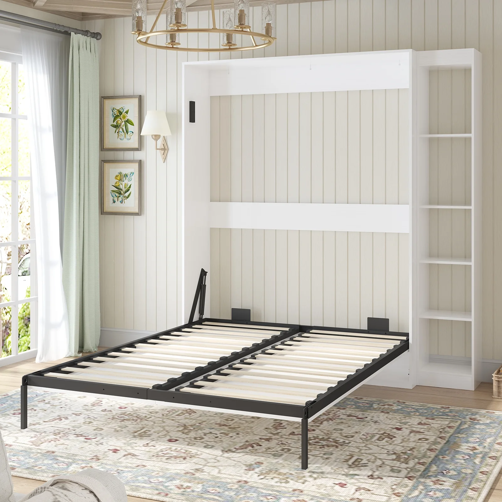 MUZZ Foldable Murphy Bed with 1 Side Cabinet, Folding Wall Bed with Space Saving Design, Fold up Murphy Bed Cabinet for Storage, Multipurpose Cabinet Bed for Bedroom/Apartment (Style5+1,White)