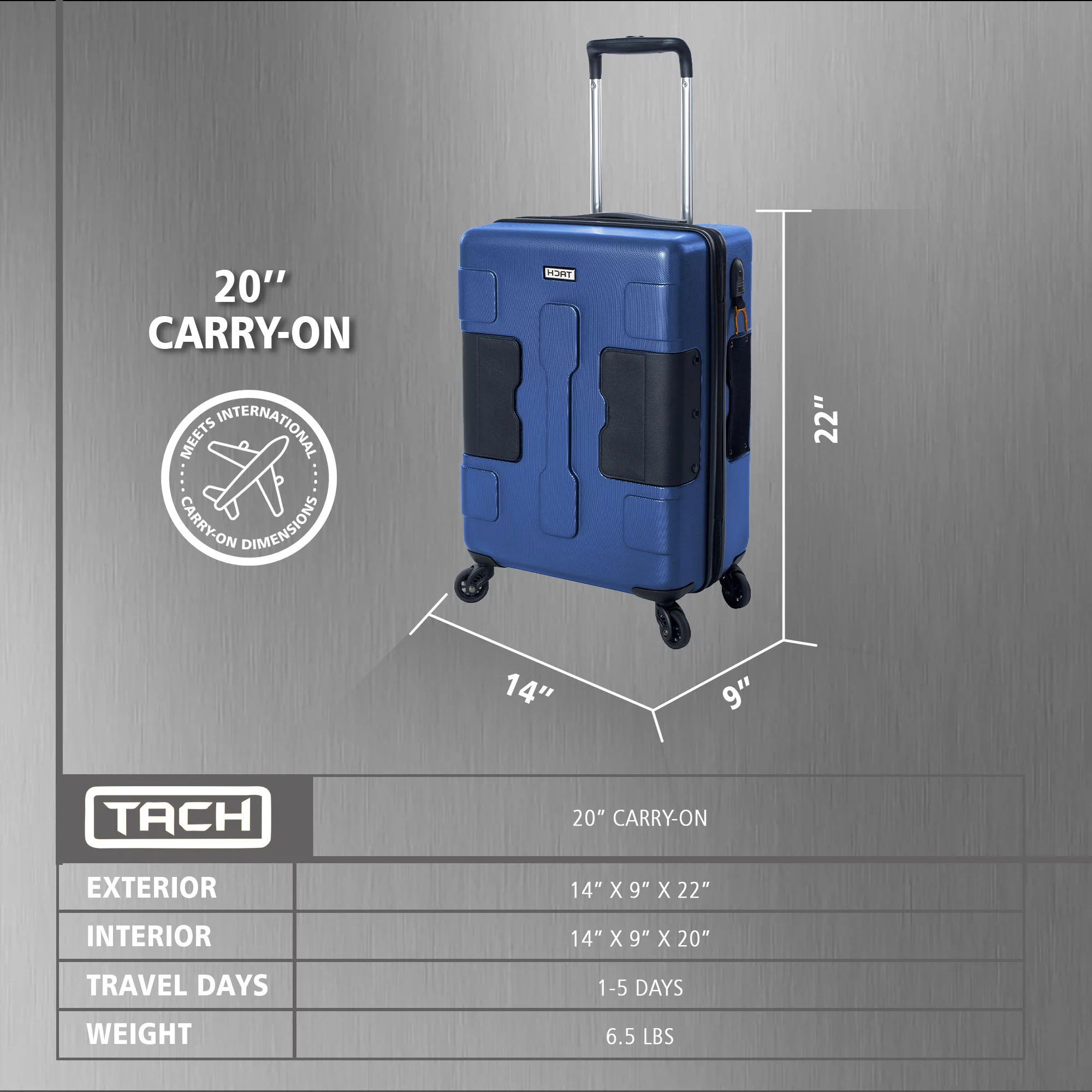 TACH V3 Connectable Hardside CarryOn Spinner Travel Suitcase, Midnight Blue