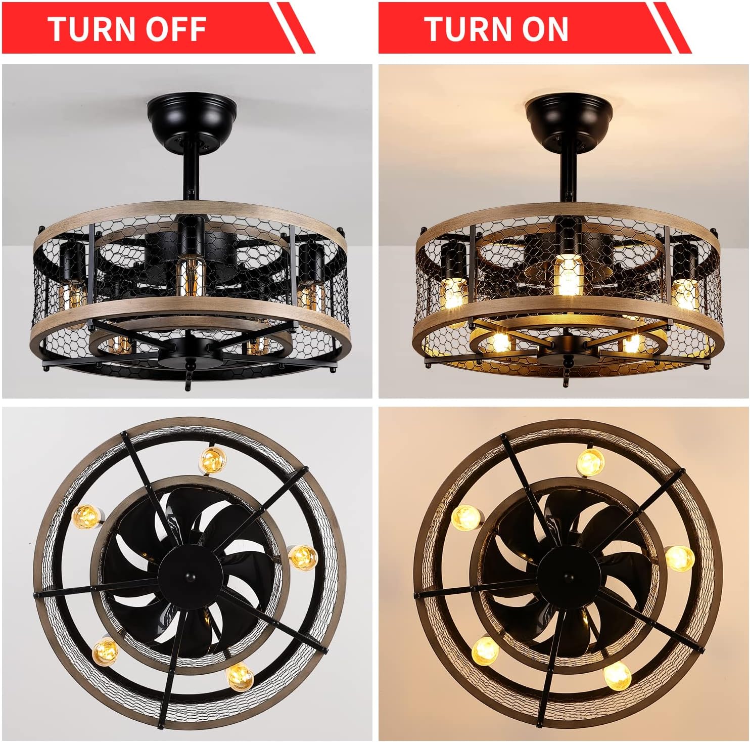 Caged Ceiling Fan with Lights Remote Control, Bladeless Rustic Farmhouse Ceiling Fan with Light, MADSHNE 20'' Small Modern Industrial Bedroom Ceiling Fan, Reversible