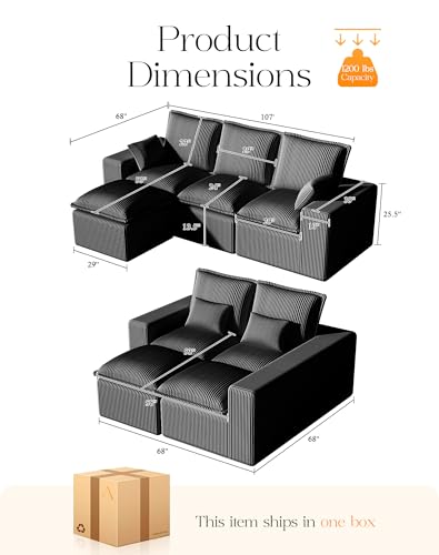 107" Comfy Cloud Couch with L-Shape Chaise & Deep Seat, Modular Sectional Sofa in a Box, Boneless Upholstered Couches for Living Room, No Assembly Required (Soft Corduroy, Black)