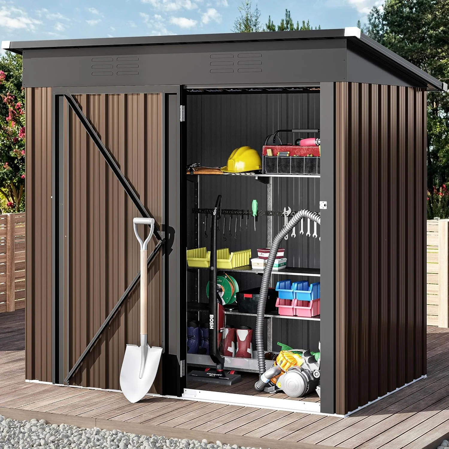 Outdoor Storage Shed 5X3ft, Heavy Duty Metal Tool Sheds Storage House With Single Lockable Door & For Garden, Patio, Lawn To Store Bikes, Trash Bins, Tools, Lawnmowers,Brown - Curated Treasures Market