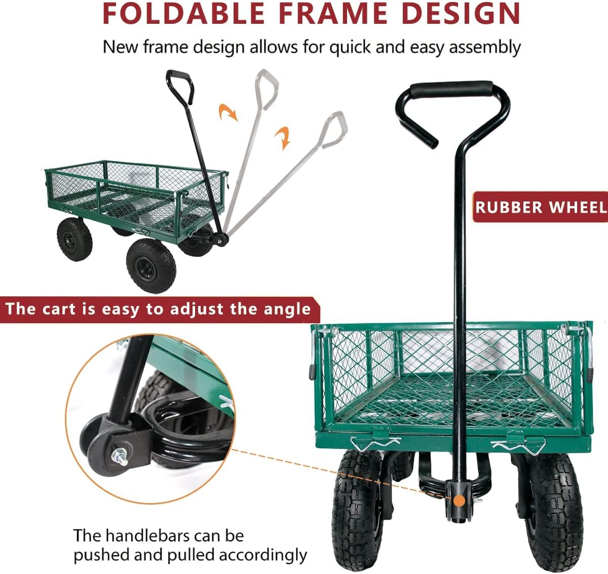 Fihuted Garden Cart Wagon Heavy Duty Mesh Steel, Utility Wagon Cart with Tire Pump , Yard Cart with Removable Sides , Green