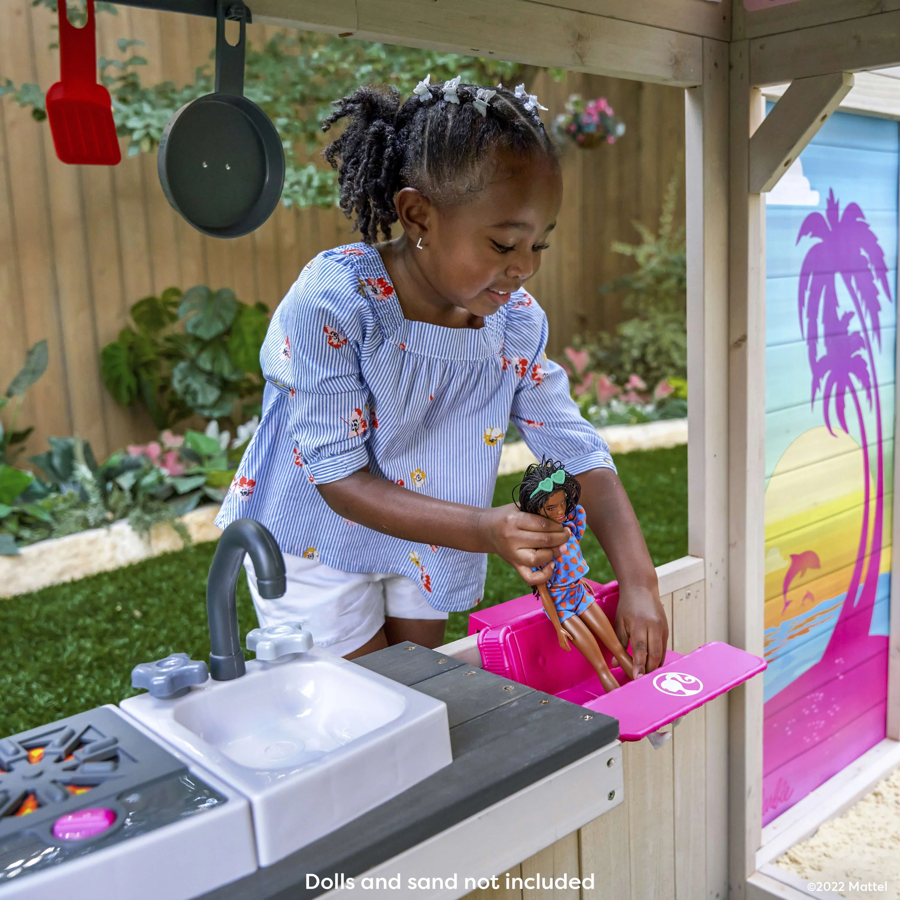 KidKraft Barbie™ Seaside Wooden Outdoor Playhouse with Attachable Doll Table and Chairs