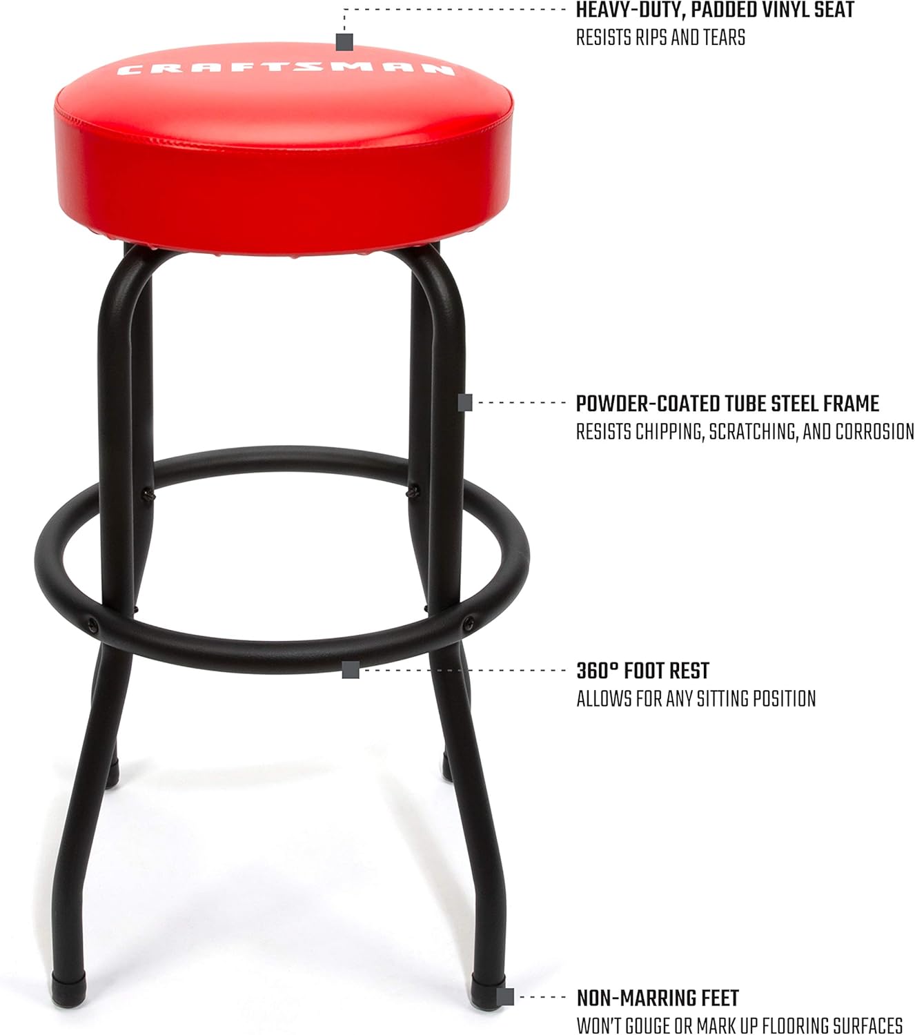 CRAFTSMAN Adjustable Height Work Shop Stool, 29 to 34-inches Tall, Rip-Resistant Padded Vinyl Seat, 300-lb Capacity, 360-degree Footrest, Non-Marring Feet