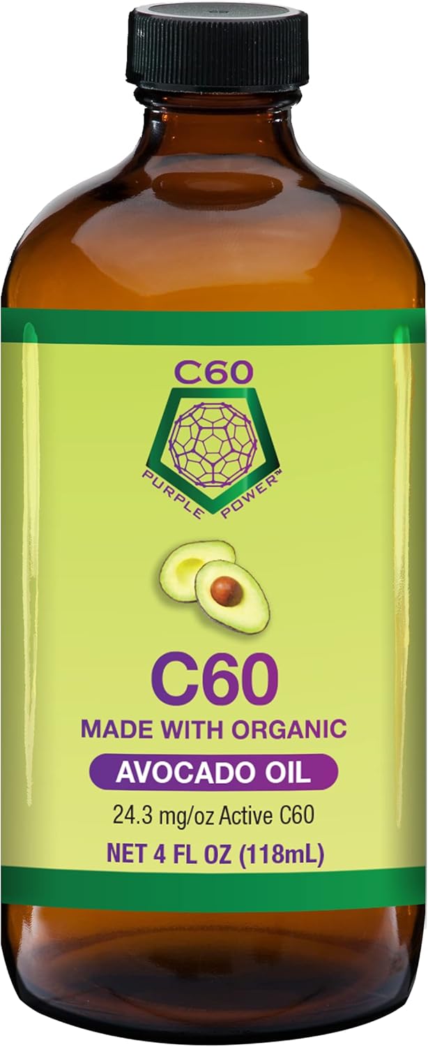 C60 Purple Power Organic Avocado Oil, 4 Fl Oz Organic Cold-Pressed Avocado Oil, 99.99% Pure c60 Carbon Fullerenes, Lift the Oxidative Burden at the Cellular Level, Optimize Mitochondrial Function