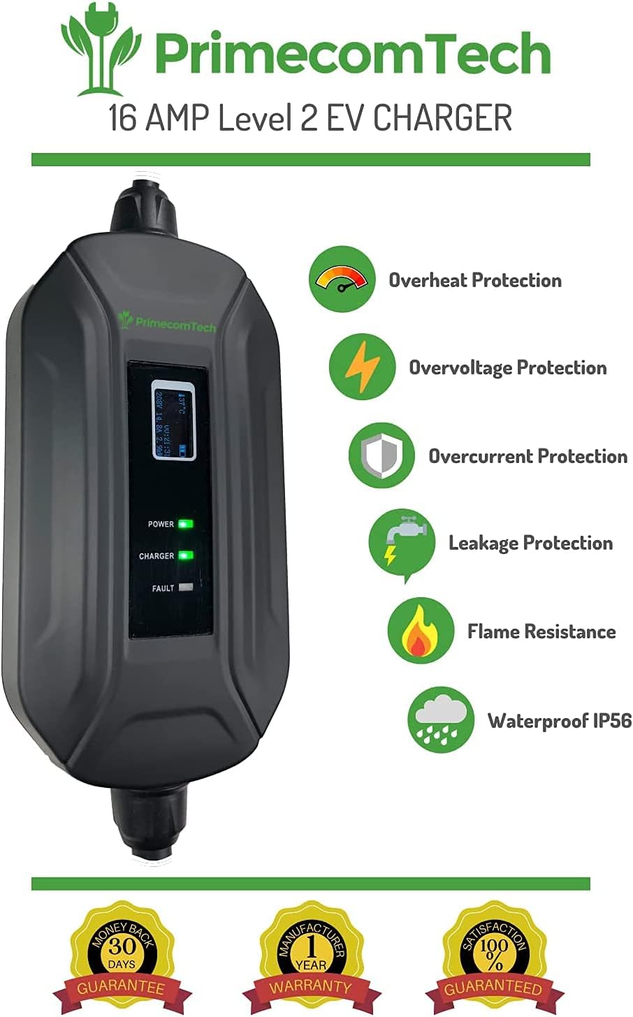 PRIMECOM Level 2 Electric Vehicle (EV) Charger (220V / 240Volt, 16Amp) Portable EVSE Smart Electric Car Charger, 30 Feet (14-30P Charger)