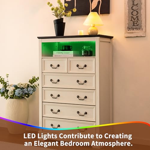 Dresser for Bedroom with Charging Station & LED Light,Tall Dresser & Chests of Drawers with 6 Drawers,Vintage Gray