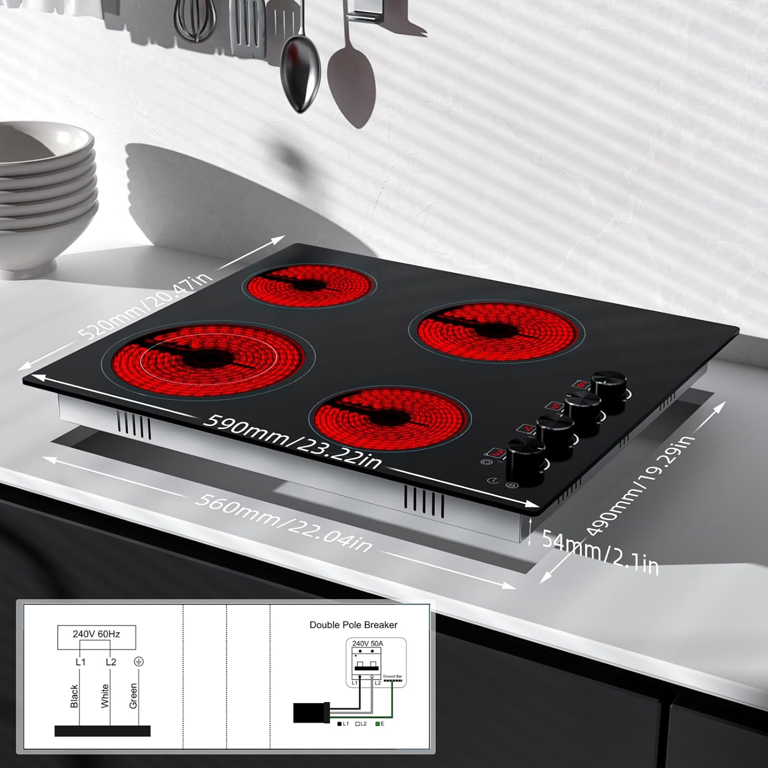 Electric Cooktop 24 inch Ceramic Stove 4 Burners Built-in Electric Stove 220-240V Electric Ceramic cooktop in Black, Control by Knob/Child Lock/9 Power Levels/Timer